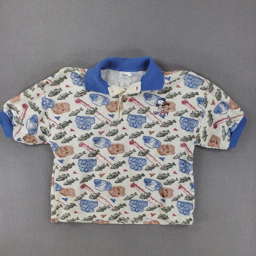 Snoopy Peanuts Polo Shirt Kids 6 Cream Blue Vintage Fishing Print Made in USA